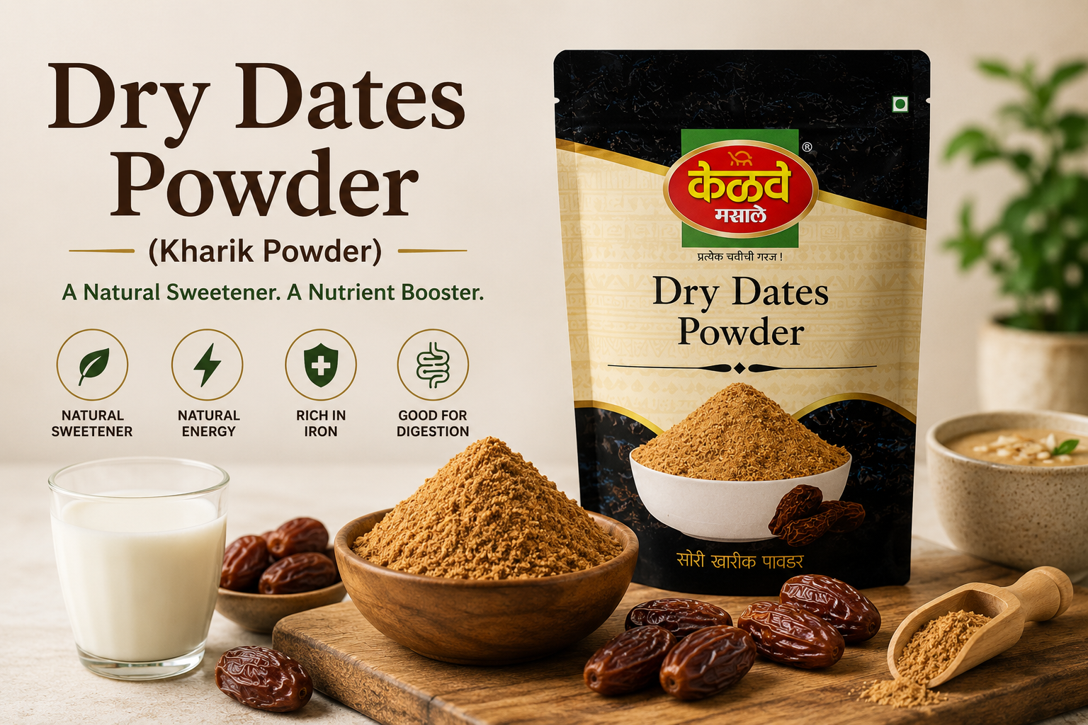 Dry Dates Powder (Kharik Powder) benefits, nutrition, and natural sweetener by Kelve Masale